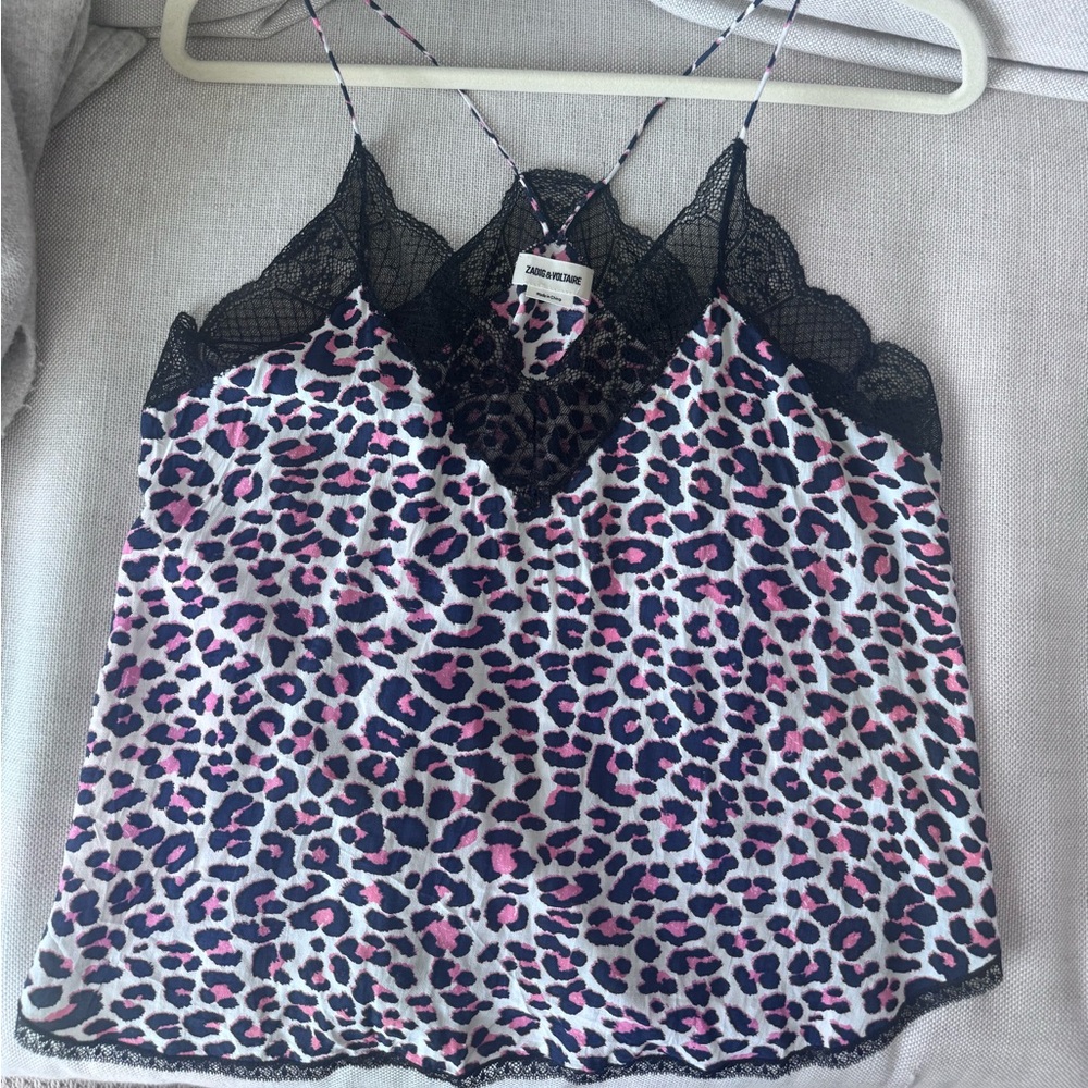 Zadig & Voltaire Pink Leopard Cami with Black Lace